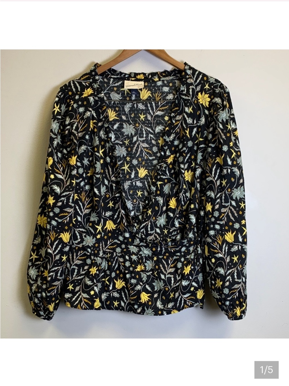 Universal Thread Black Floral V-Neck Blouse with Yellow Accents